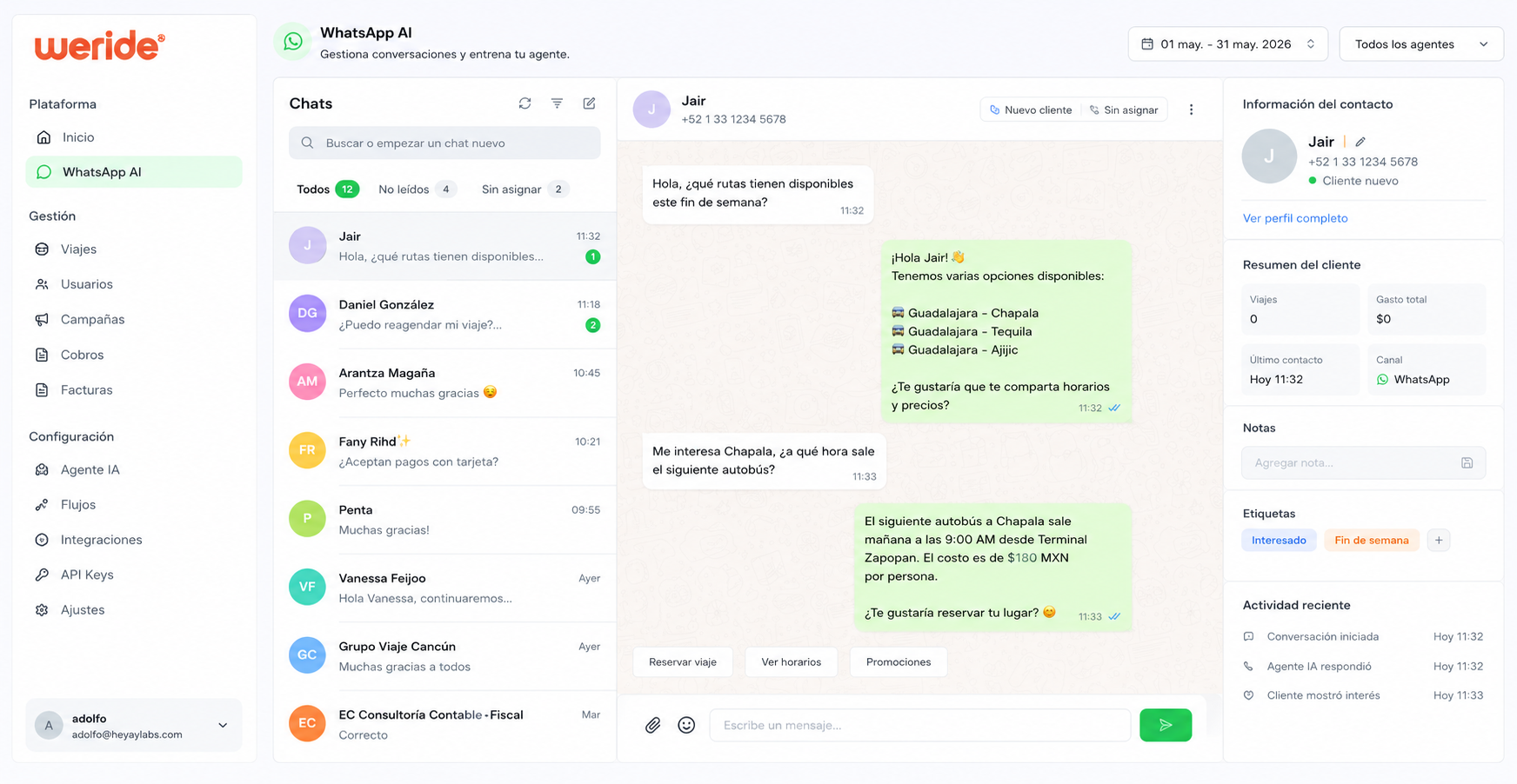 Panel de WeRide: bandeja de WhatsApp con IA respondiendo a un cliente sobre rutas y horarios, con la ficha del cliente y las etiquetas a un costado.